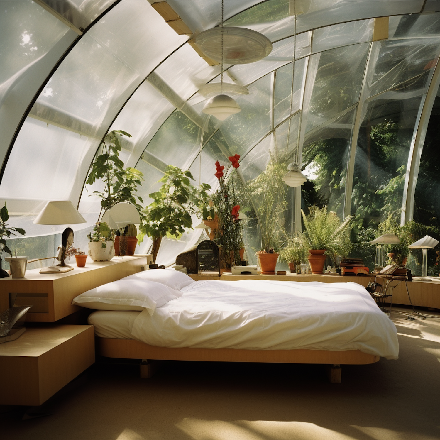 Serene Green Minimalist Bedroom with Geometric Glass Ceiling