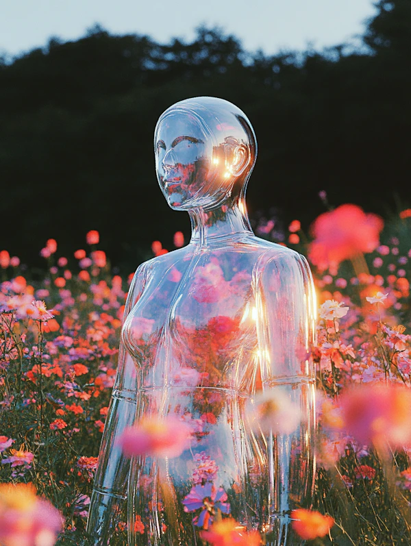 Transparent Humanoid in Flower Field