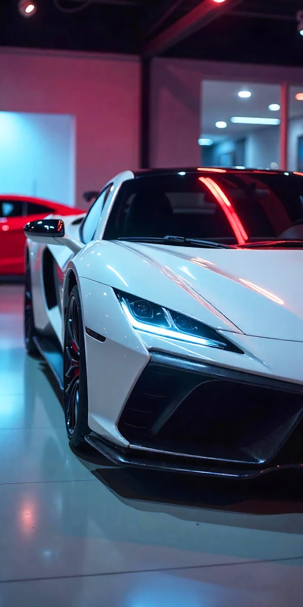 Sleek White Sports Car in Showroom
