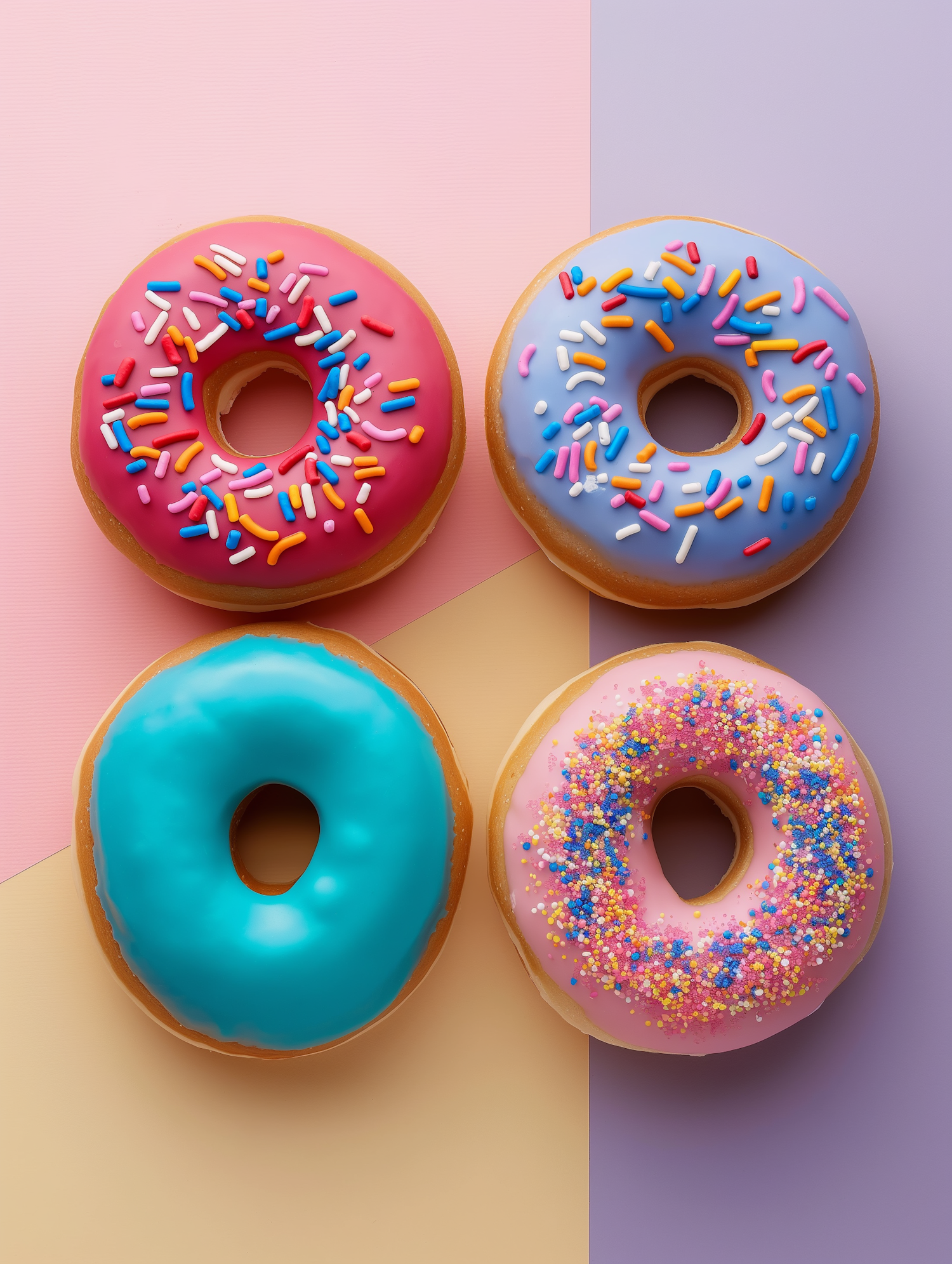 Colorful Donuts on Tricolor Background