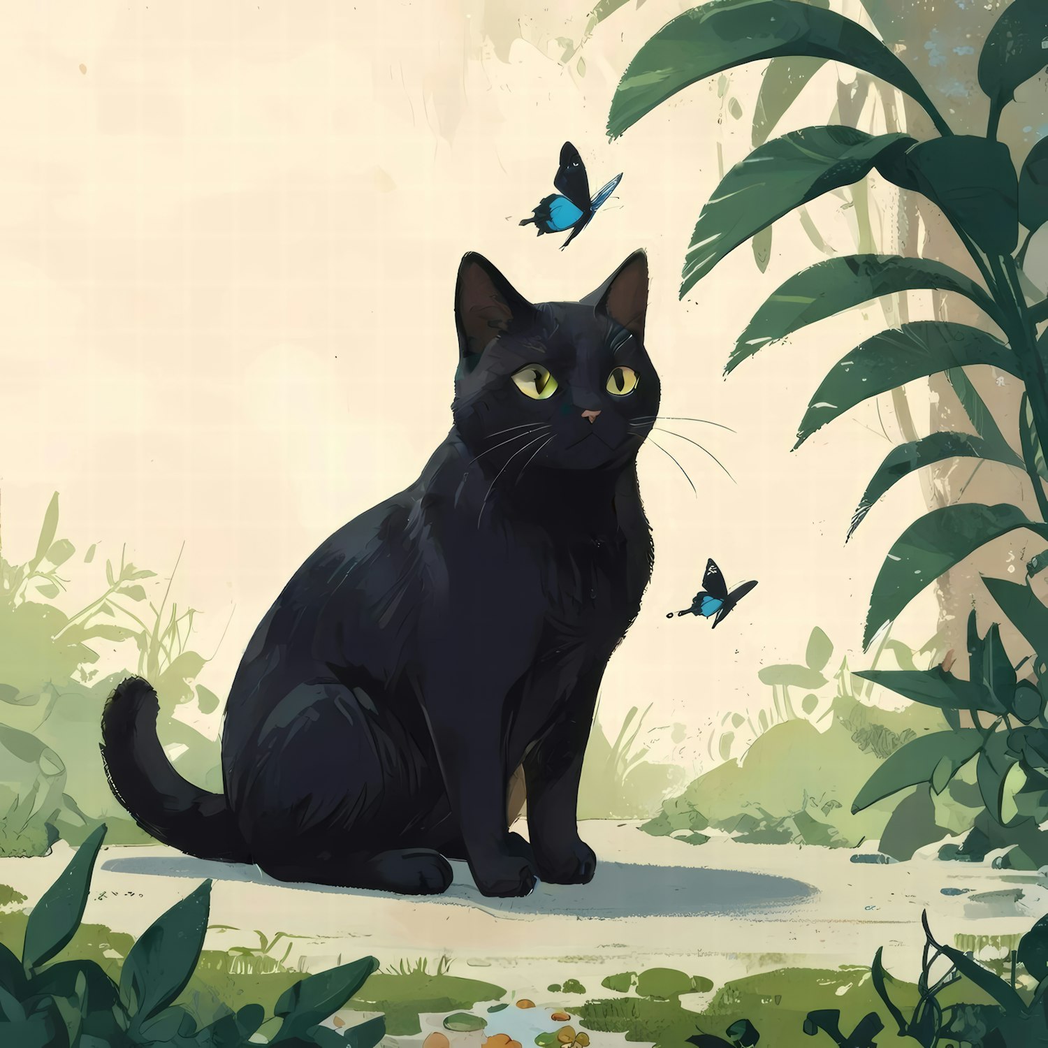 Cat with Butterflies in Greenery