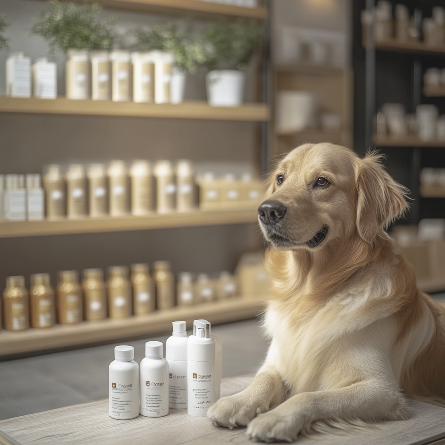 Golden Retriever with Grooming Products