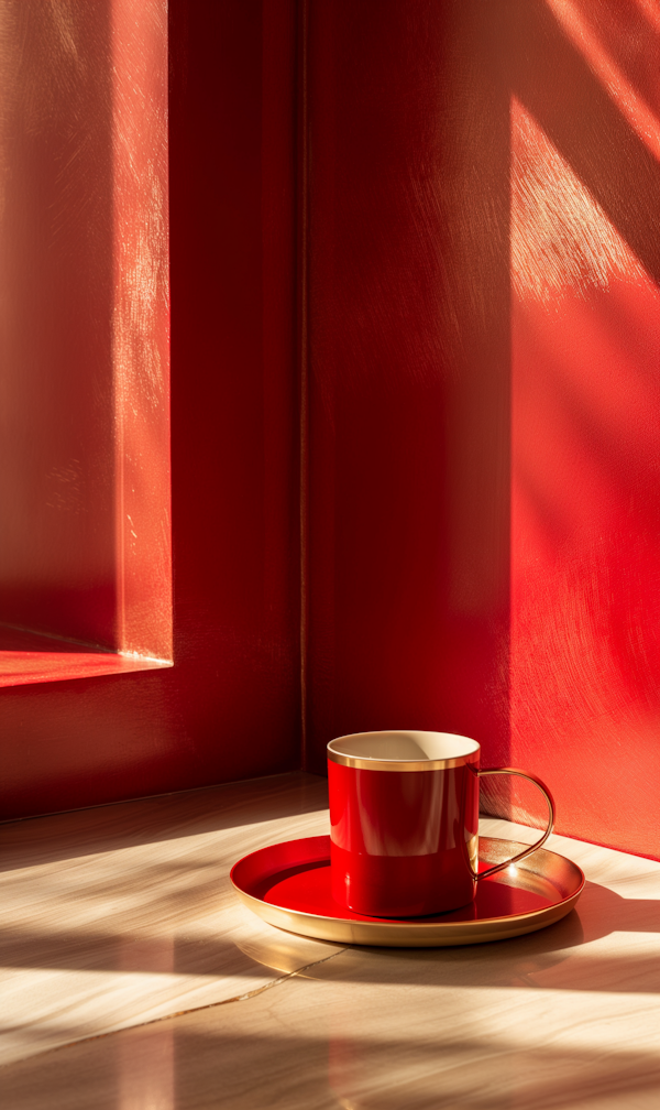 Sunlit Red Coffee Cup on Wooden Floor