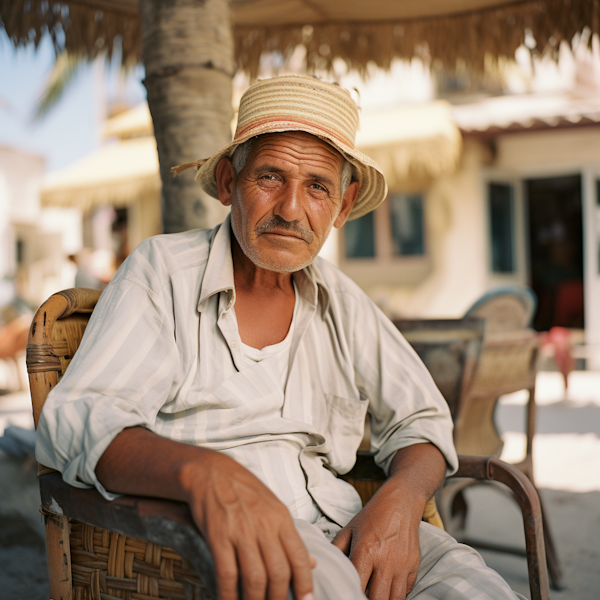 Pensive Mediterranean Elder in Striped Hat