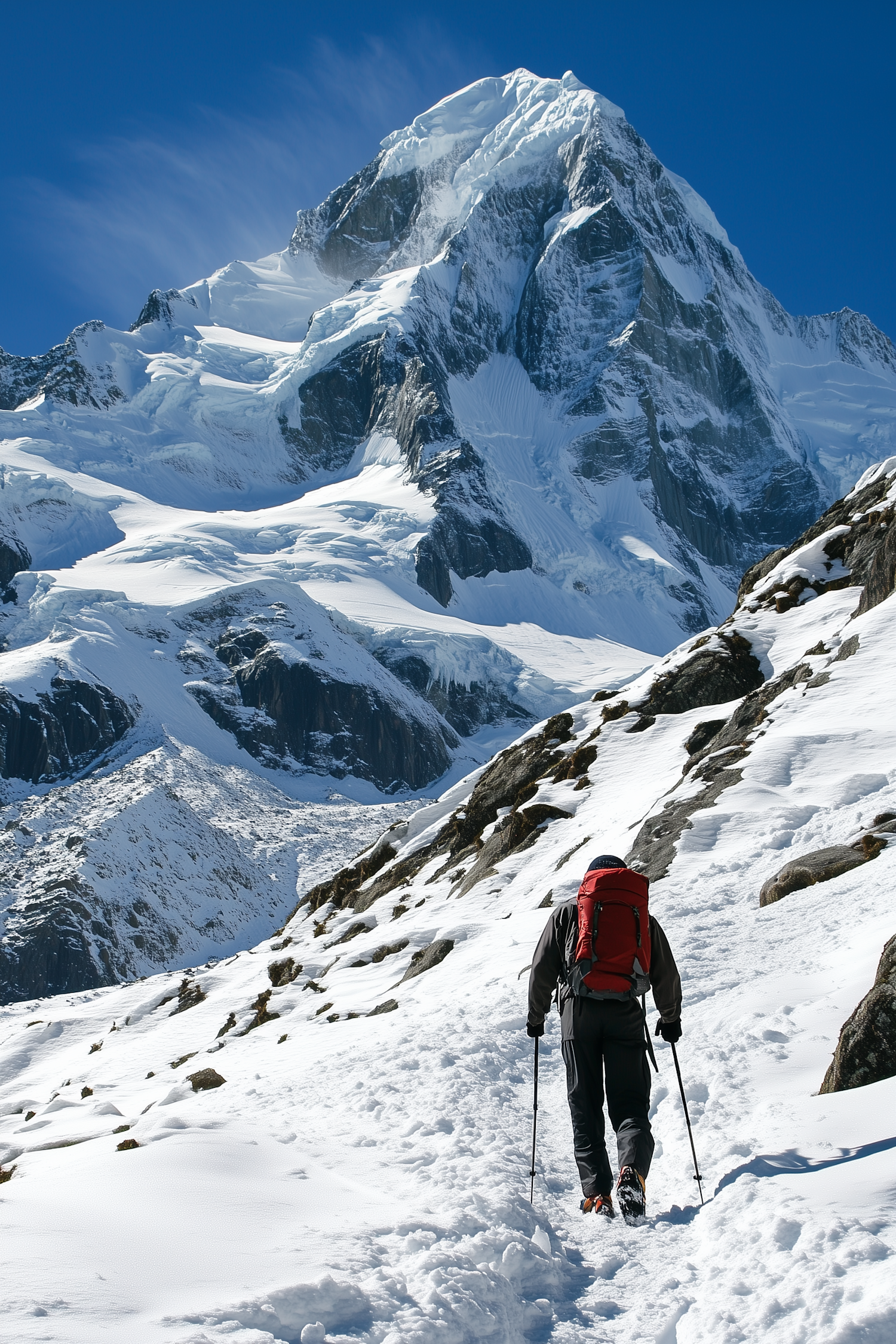 Lone Hiker on Snowy Mountain