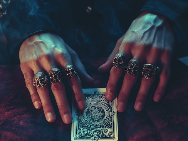 Mystical Hands with Skull Rings and Tarot Card