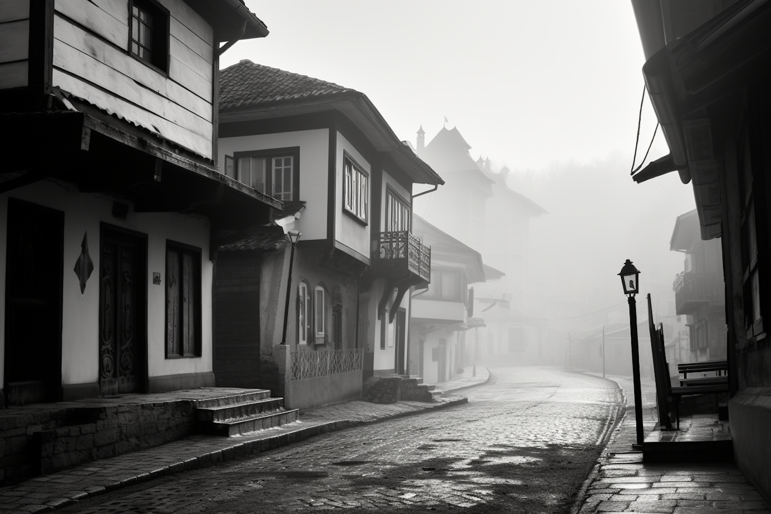 Foggy Serenity on Cobblestone Lane