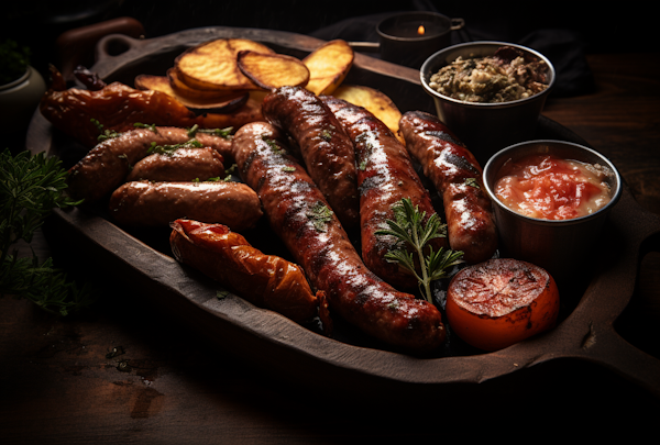 Rustic Charcuterie Board with Grilled Sausages and Condiments