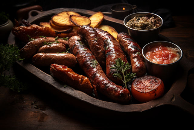 Rustic Charcuterie Board with Grilled Sausages and Condiments