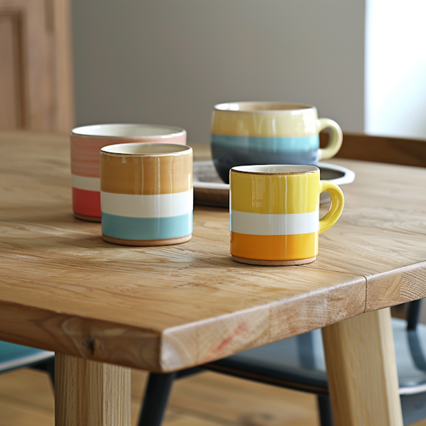 Contemporary Striped Ceramic Mugs on Wooden Table