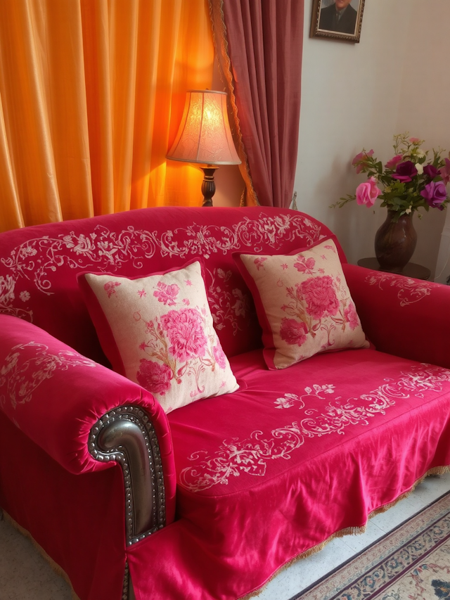 Elegant Red Sofa with Floral Patterns