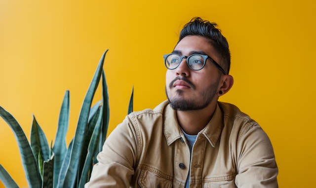 Thoughtful Young Man with Plant