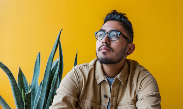 Thoughtful Young Man with Plant