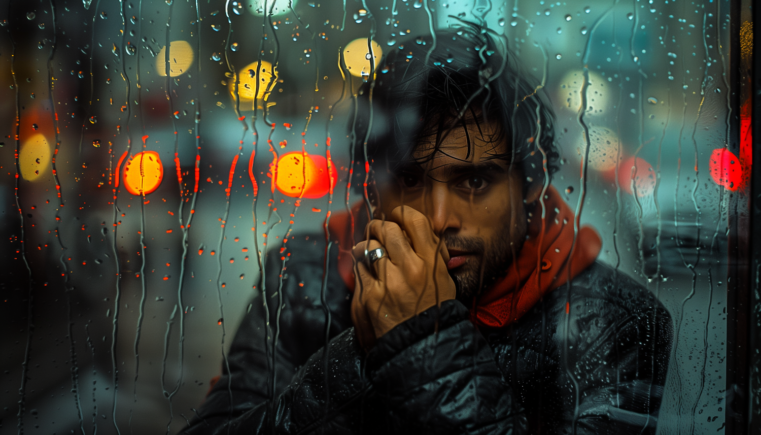 Man Peering Through Rain-Dotted Window