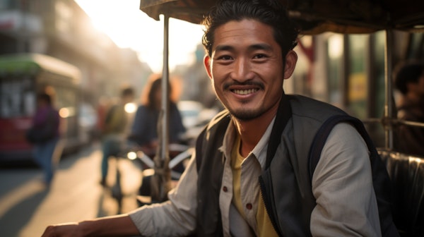 Smiling Asian Man in Tuk-Tuk at Sunrise/Sunset