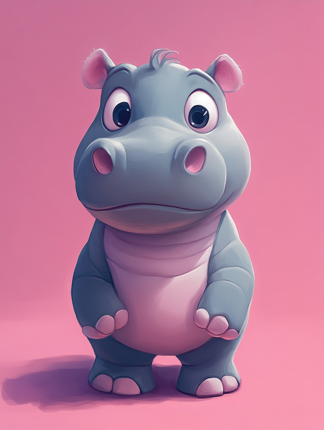 Cartoonish Hippopotamus on Pink Background