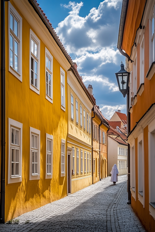 Tranquil Cobblestone Street with Solitary Figure