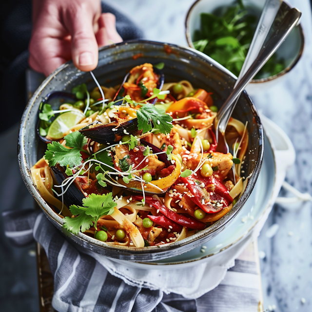 Vibrant Bowl of Pasta with Mussels and Vegetables