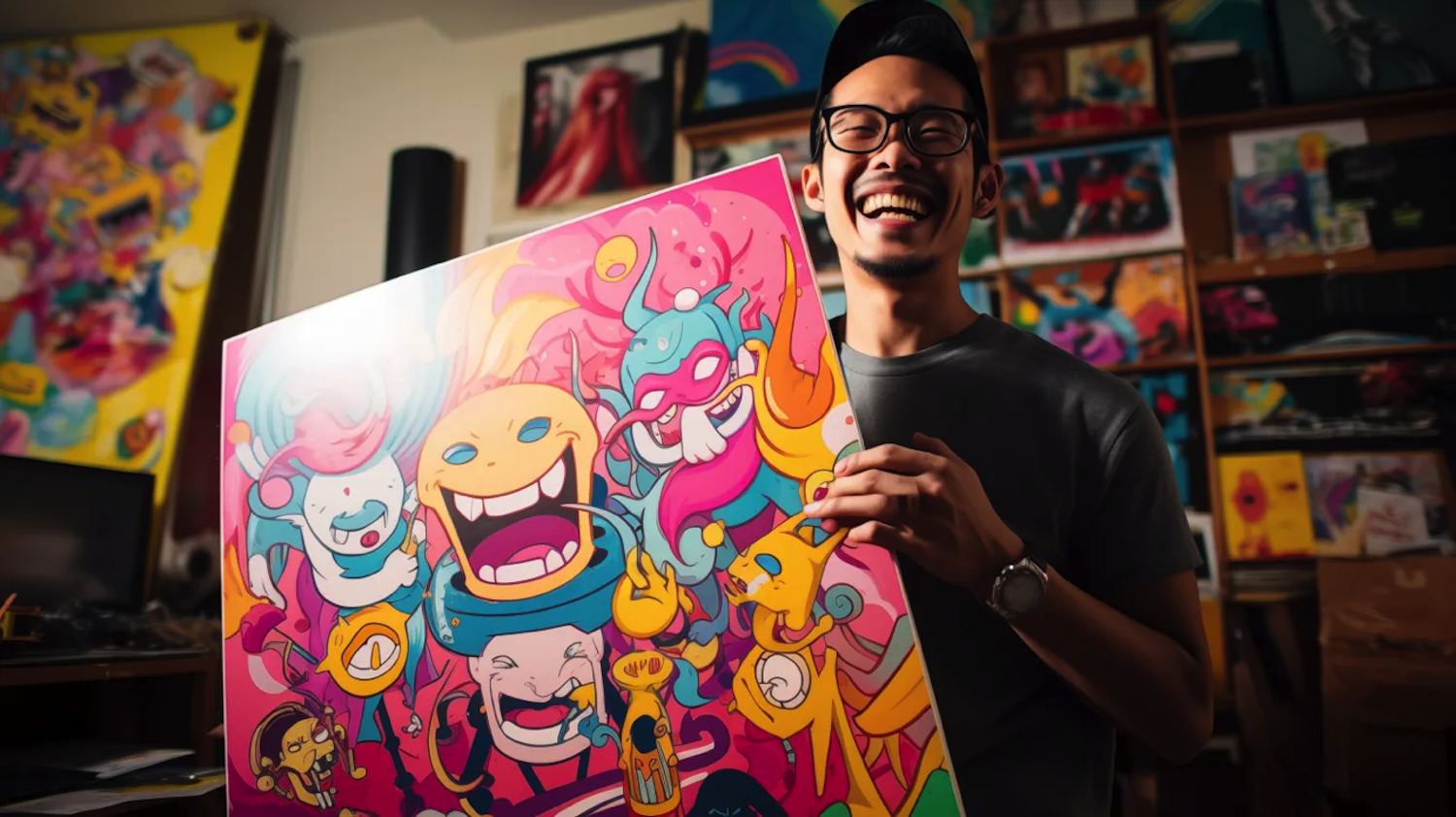 Joyful Artist Presenting Colorful Creation