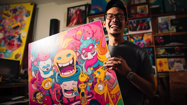 Joyful Artist Presenting Colorful Creation