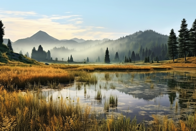 Autumnal Dawn by the Misty Lake