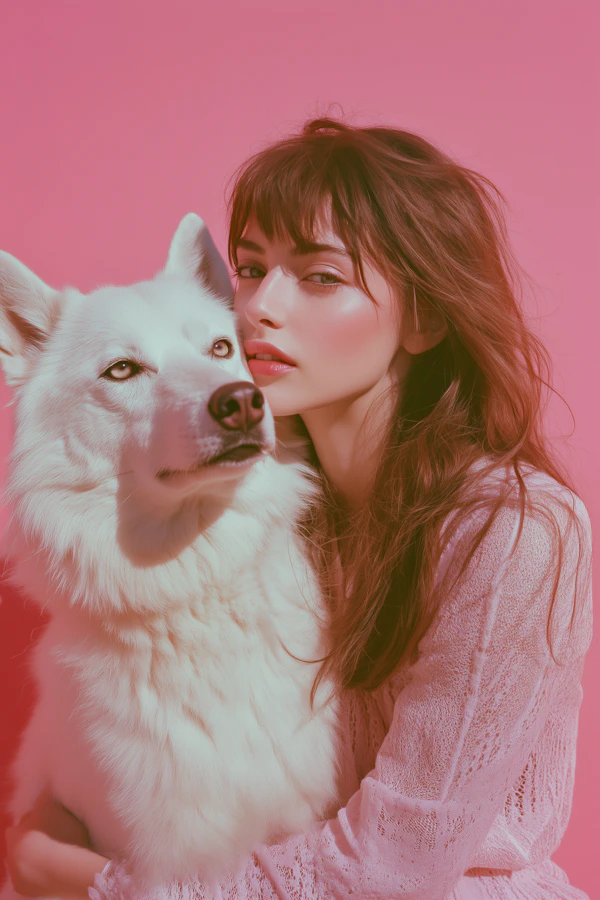 Woman with White Dog on Pink Background