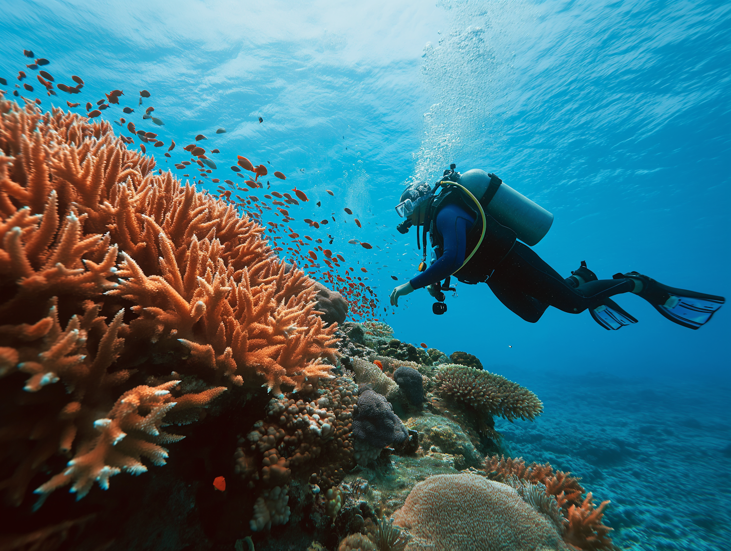 Scuba Diver Amidst Fiery Coral Reef