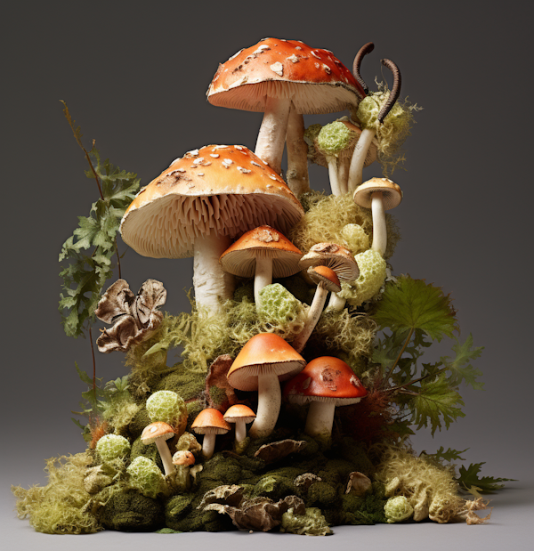 Forest Fungi Ensemble on Mossy Bed