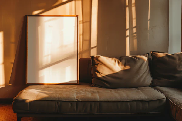 Cozy Interior Scene with Sofa and Sunlight
