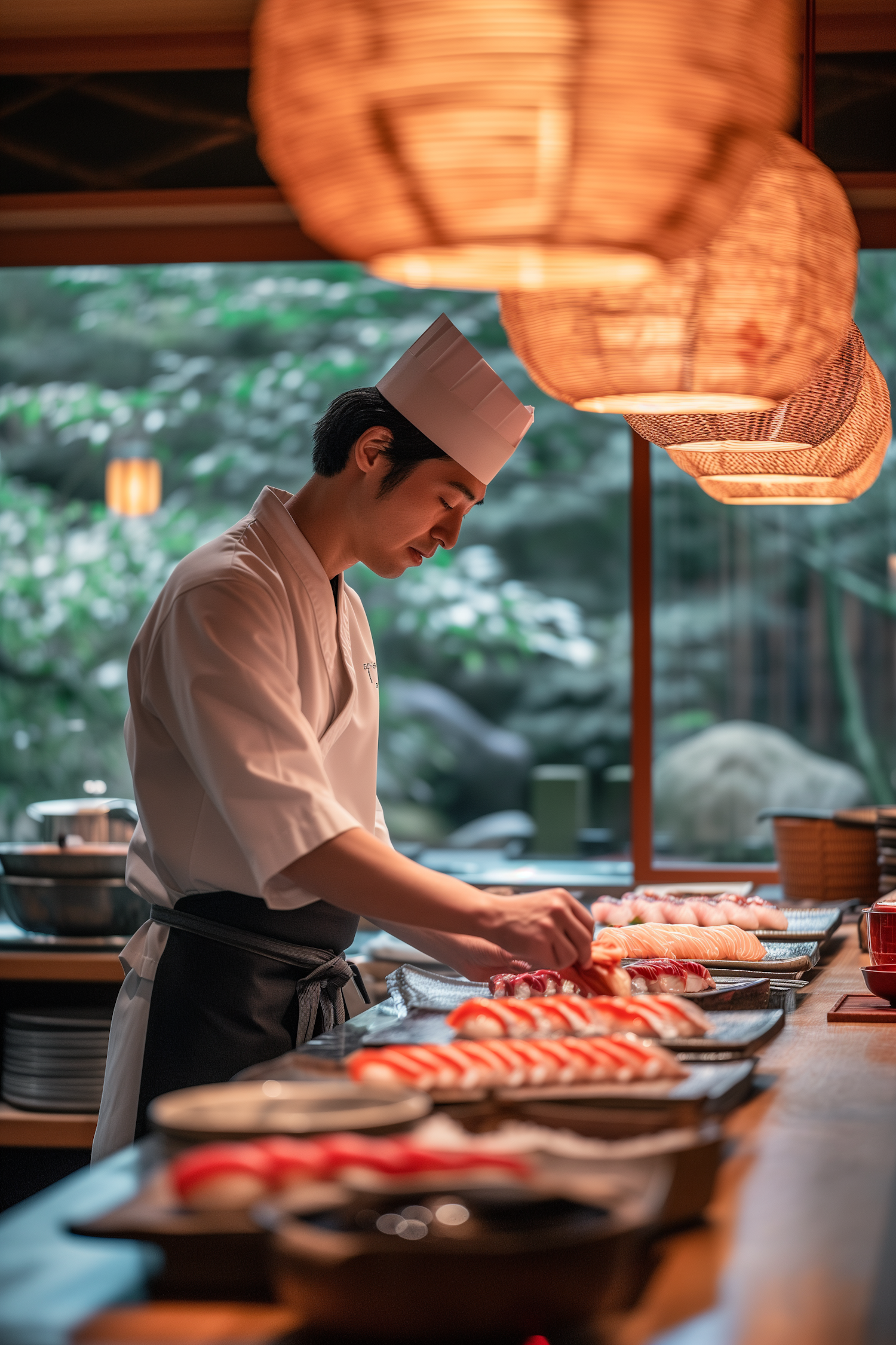 Chef Preparing Sushi in Warmly Lit Environment