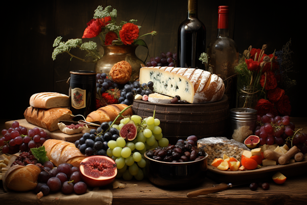 Classical Gourmet Still Life with Blue Cheese and Wine