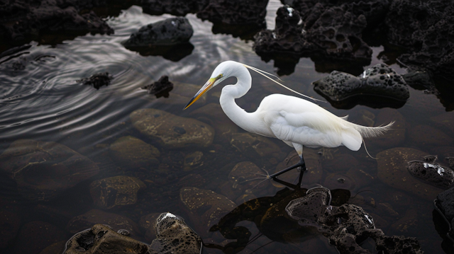 Graceful White Egret in Volcanic Landscape