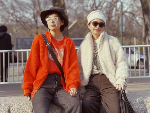 Stylish Duo on a Stone Bench