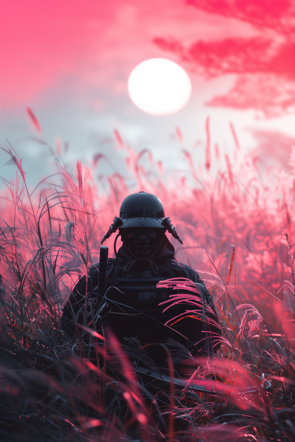 Tactical Figure in Surreal Landscape