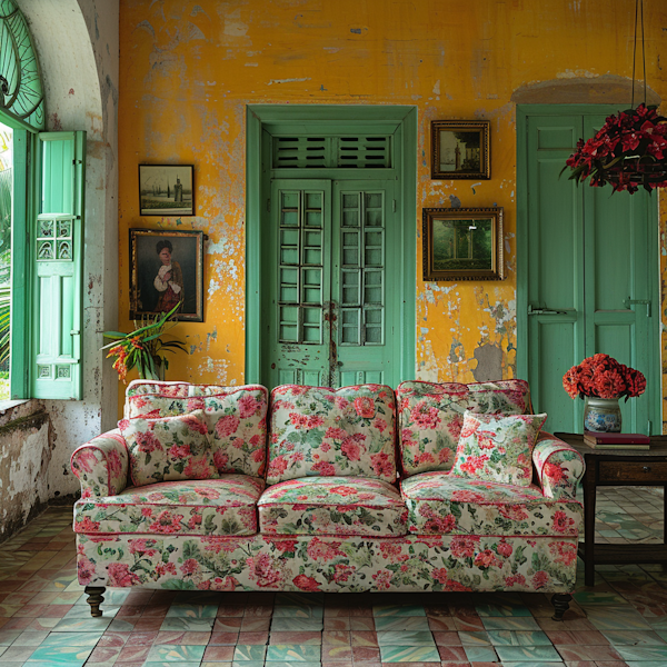 Vintage Floral Sofa in Rustic Interior