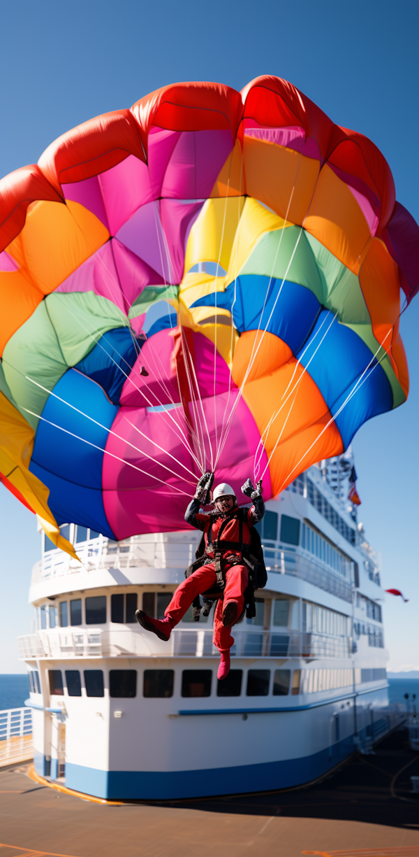 Colorful Skydiver Over Cruise Ship