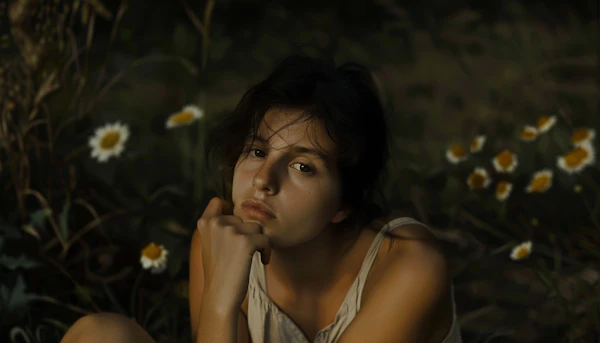 Introspective Woman Amidst Wildflowers