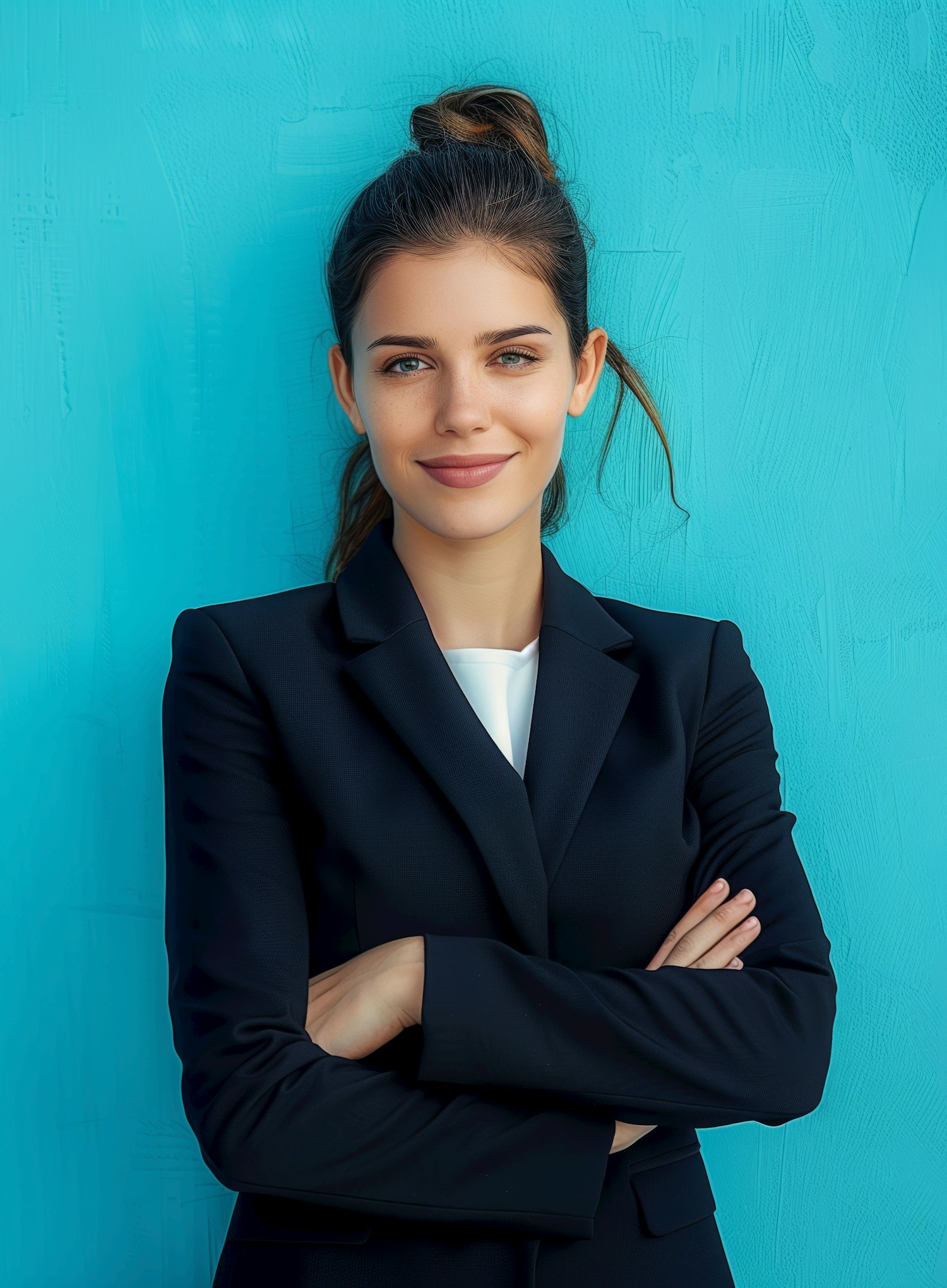 Confident Businesswoman on Turquoise Backdrop