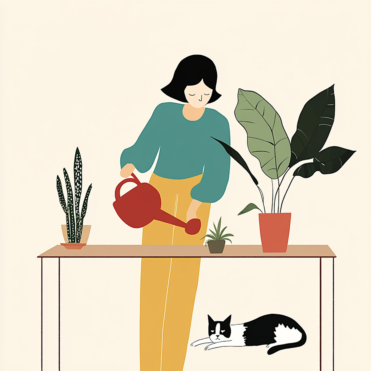 Person Watering Plants with Cat