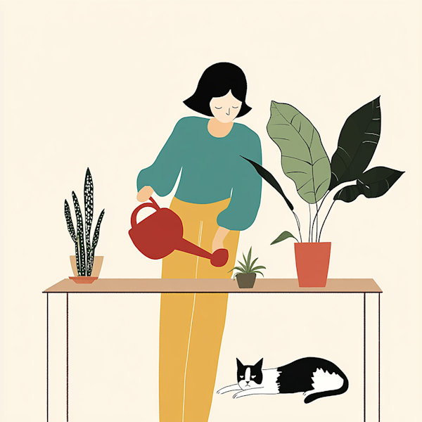 Person Watering Plants with Cat