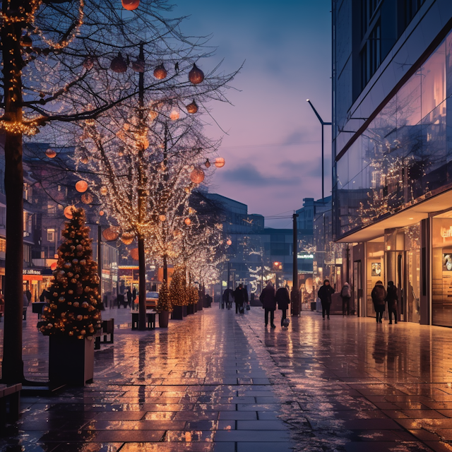 Twilight Festive Cityscape with Christmas Lights