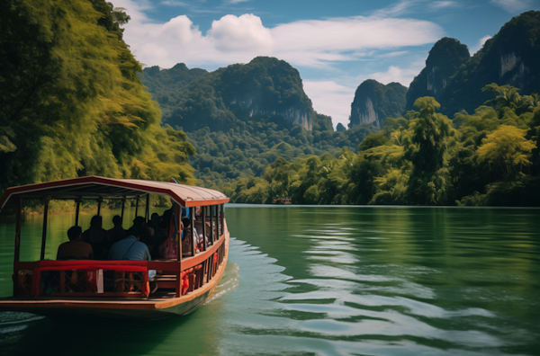 Tranquil Lake Cruise in a Lush Green Landscape