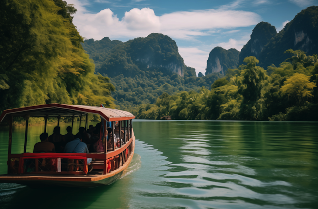 Tranquil Lake Cruise in a Lush Green Landscape