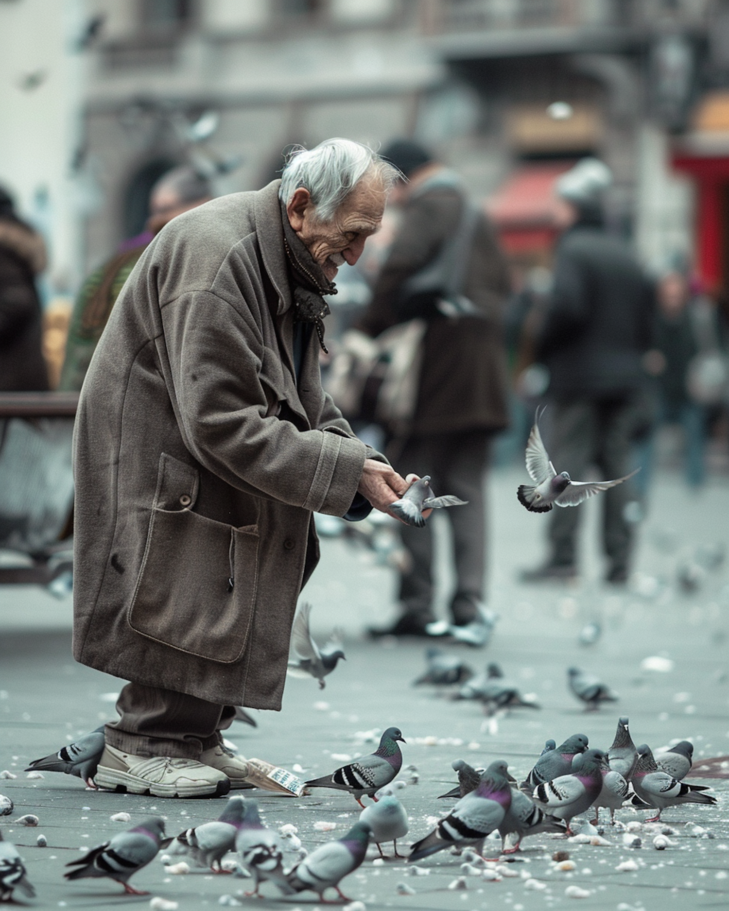 Elderly Man Feeding Pigeons in the City