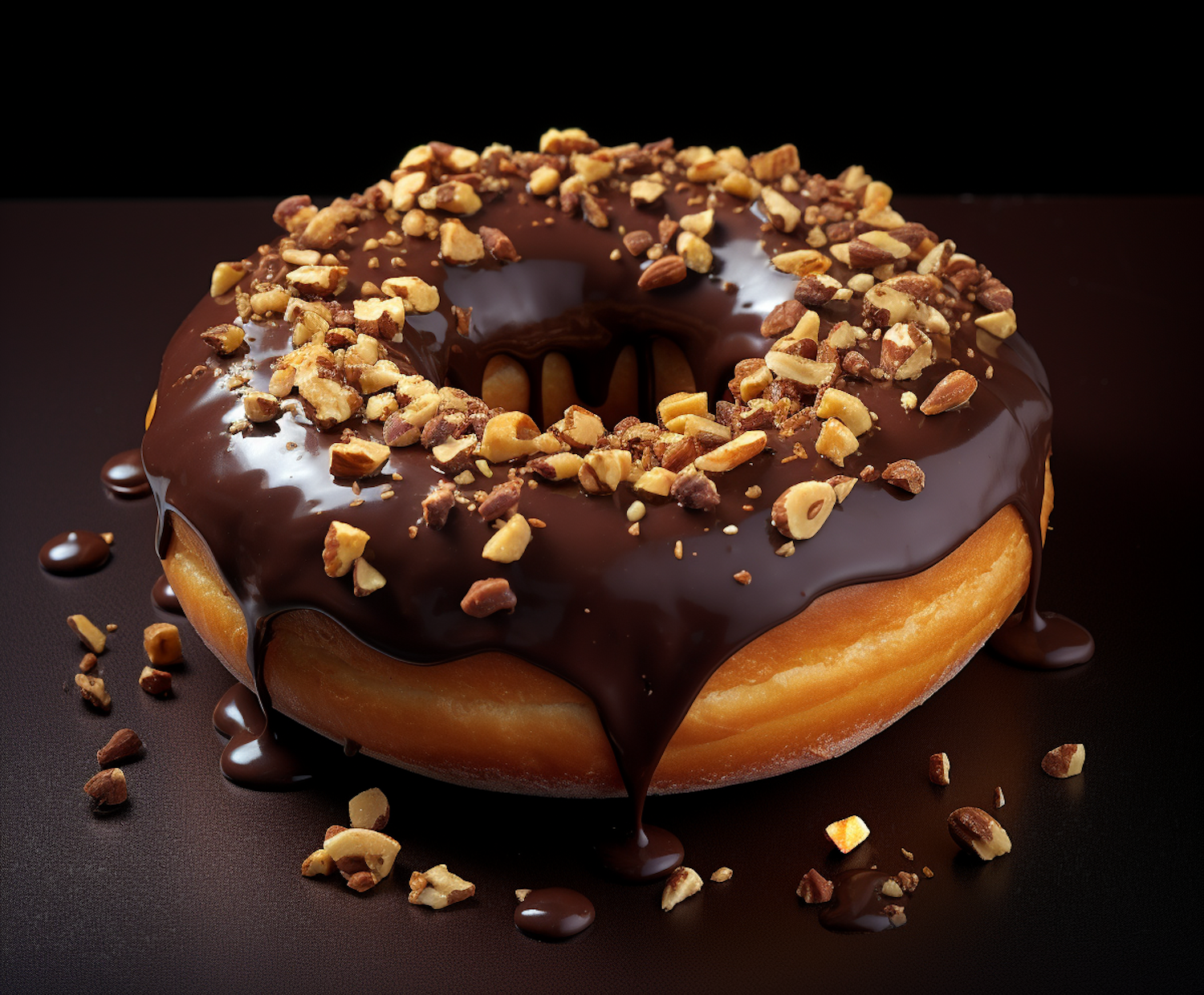 Glossy Chocolate Glazed Donut with Crushed Nuts