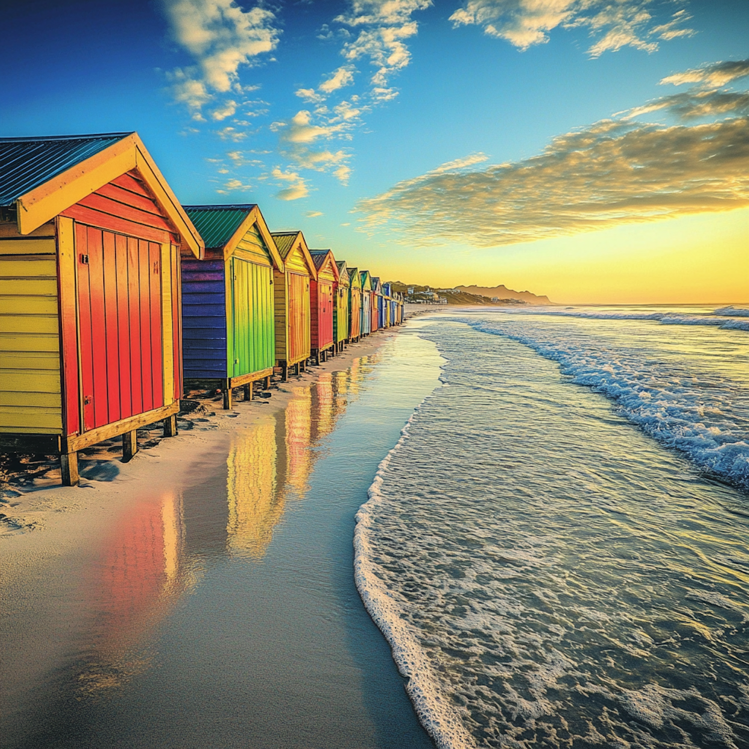 Colorful Beach Huts at Sunrise