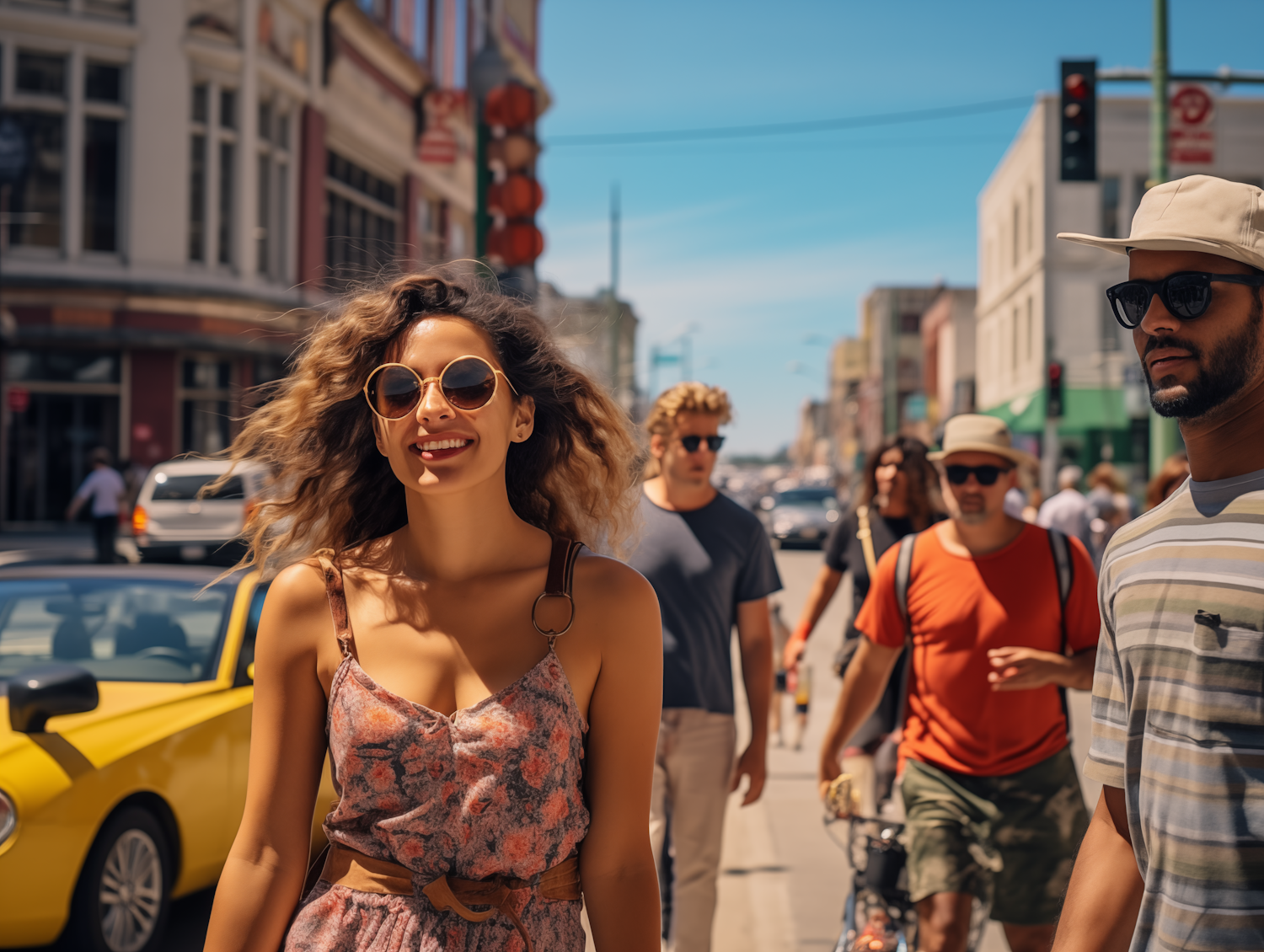 Sunny City Stroll with Stylish Pedestrians