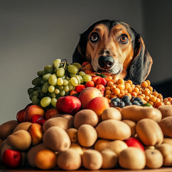 Curious Dog with Fruits