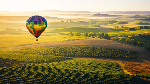 Hot Air Balloon Over Rolling Hills