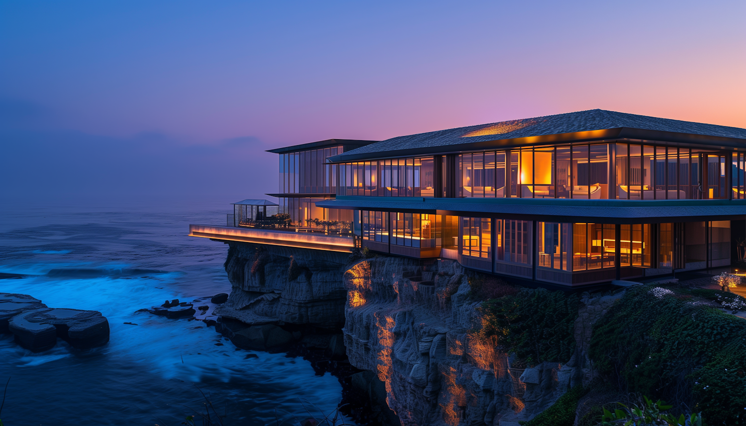 Contemporary Cliffside Architecture at Dusk